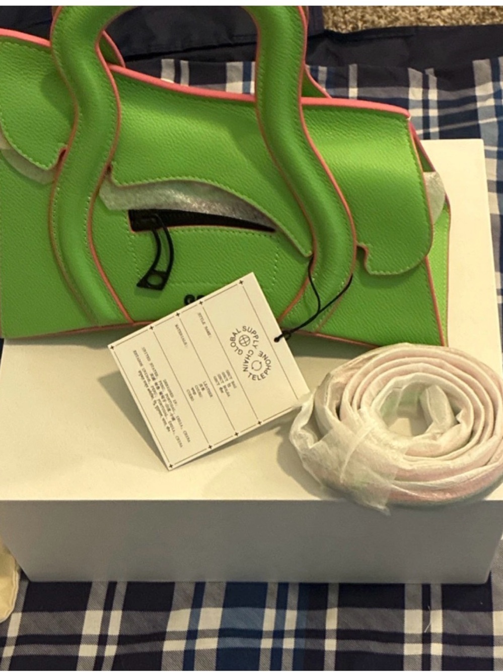 MSCHF Global Supply Chain Satchel Medium Green Pink w Strap Box